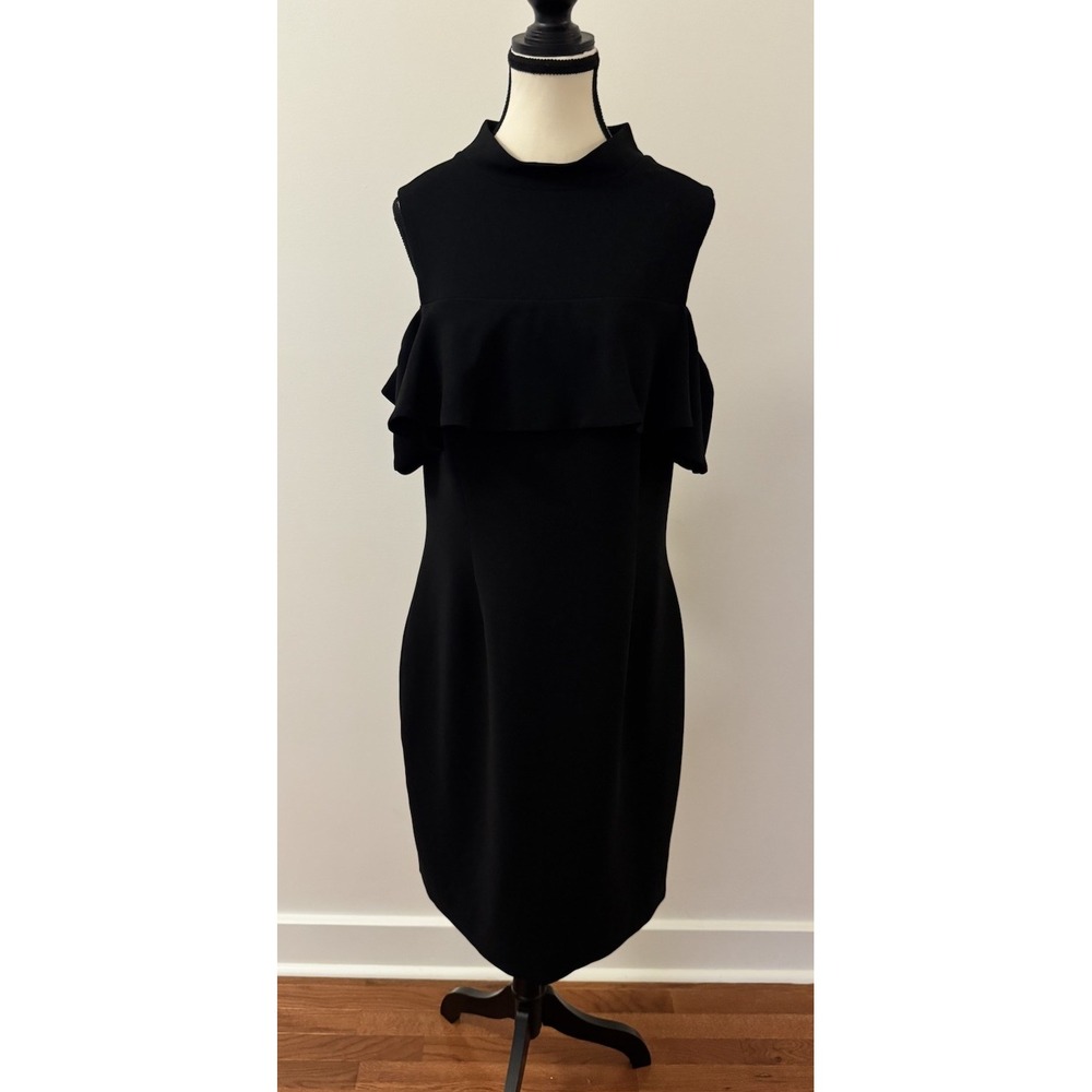 Rickie Freeman Teri Jon 14 Black Cold Shoulder Ruffle Sleeve Sheath Midi Dress
